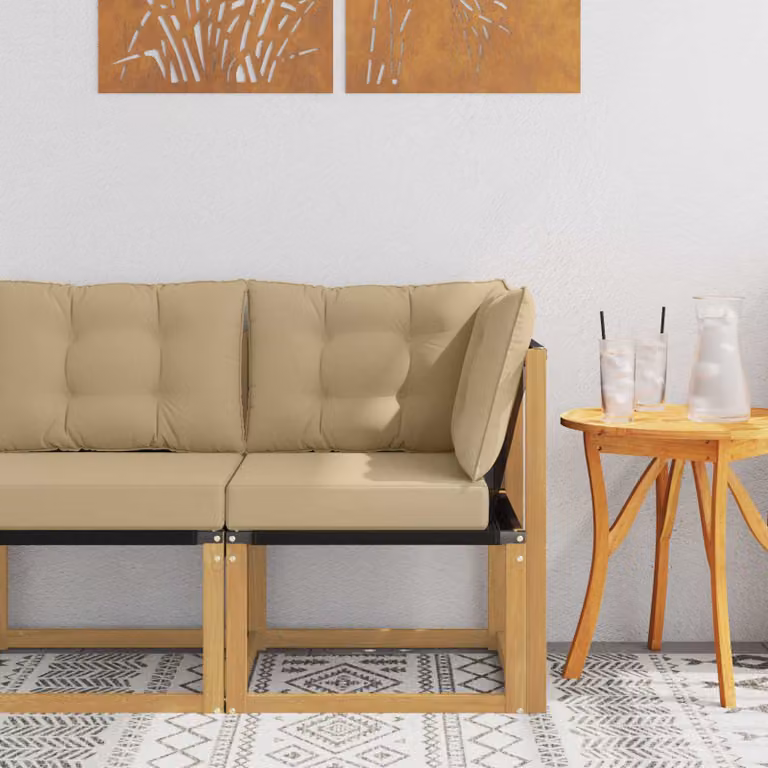 vidaXL Divano Angolare da Esterno Moderno in Legno di Acacia con Cuscini Beige e Bianco