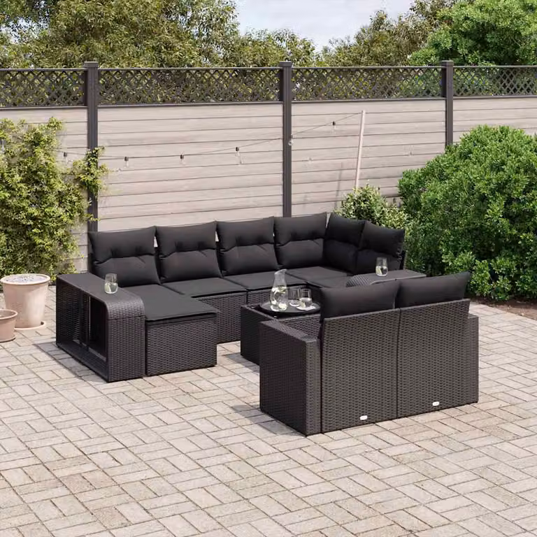 vidaXL Set Divani da Giardino 11 pz con Cuscini e Tavolino da Esterno in Polyrattan Nero e Acciaio