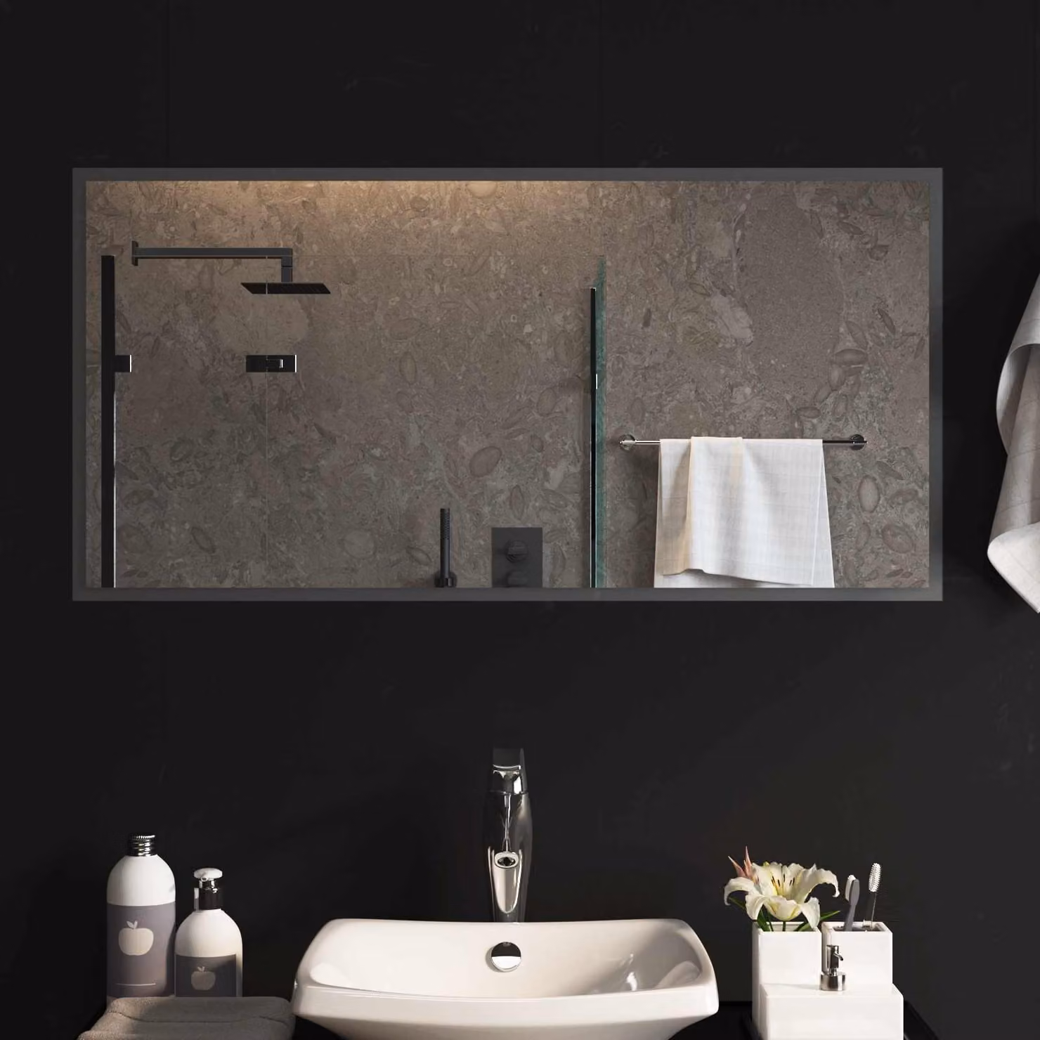Specchio da bagno moderno vidaXL con illuminazione LED in vetro temperato, L: 100 cm, H: 50 cm