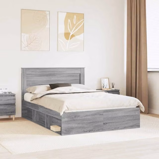 Struttura letto moderna vidaXL in legno e pino massello, Grigio, L/P/H: 140 x 200 x 143 cm