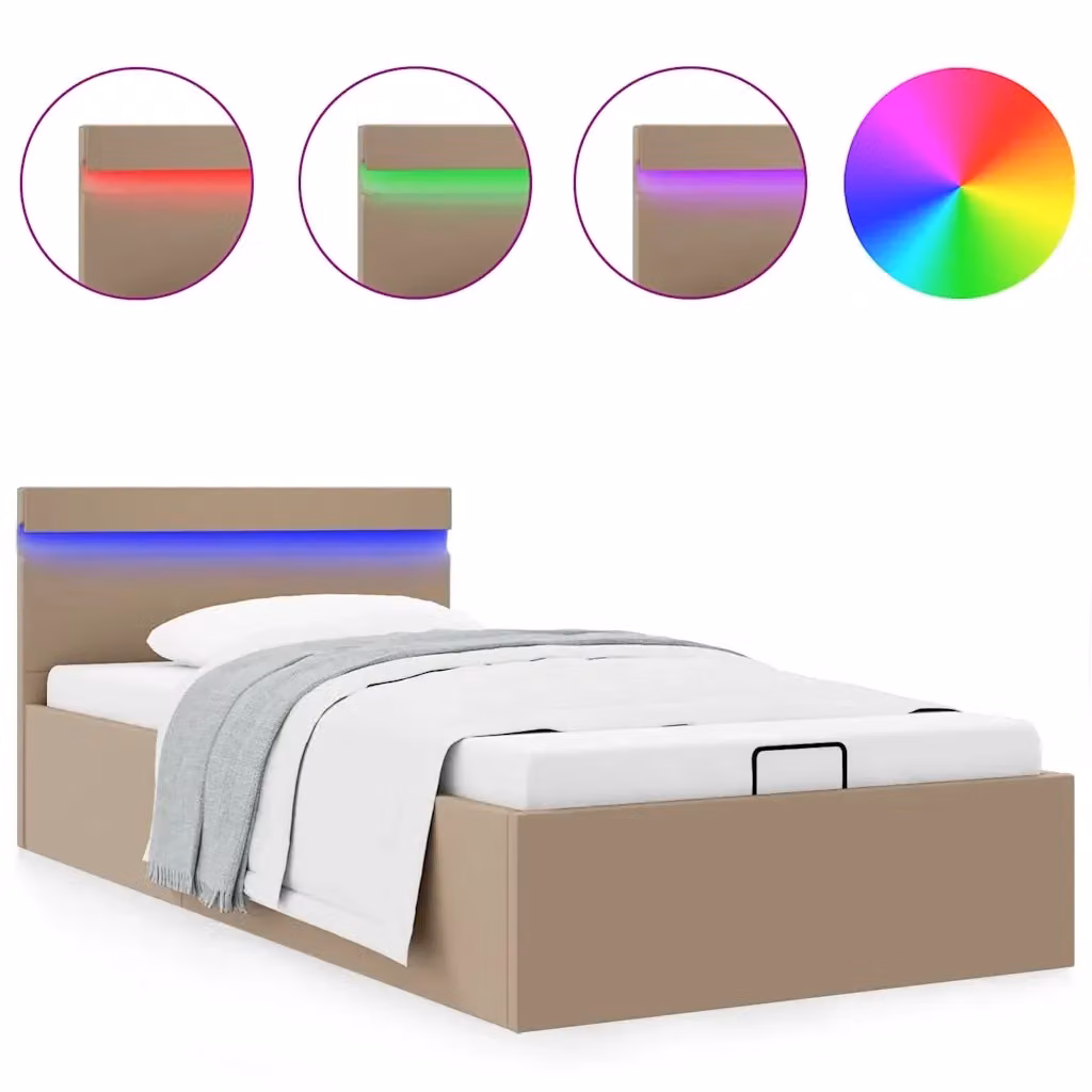 Letto con contenitore a sollevamento vidaXL, rivestimento similpelle color beige con illuminazione LED sottostante, L/P/H: 90 x 200 cm – 2