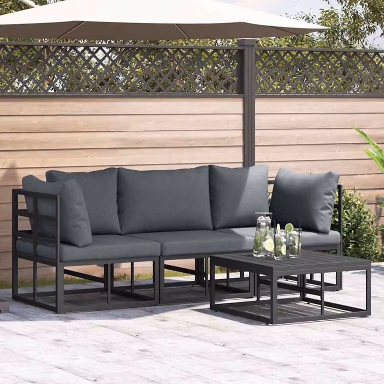 vidaXL Set Divano da Giardino Moderno a L in Acciaio Verniciato Nero con Tavolino e Cuscini