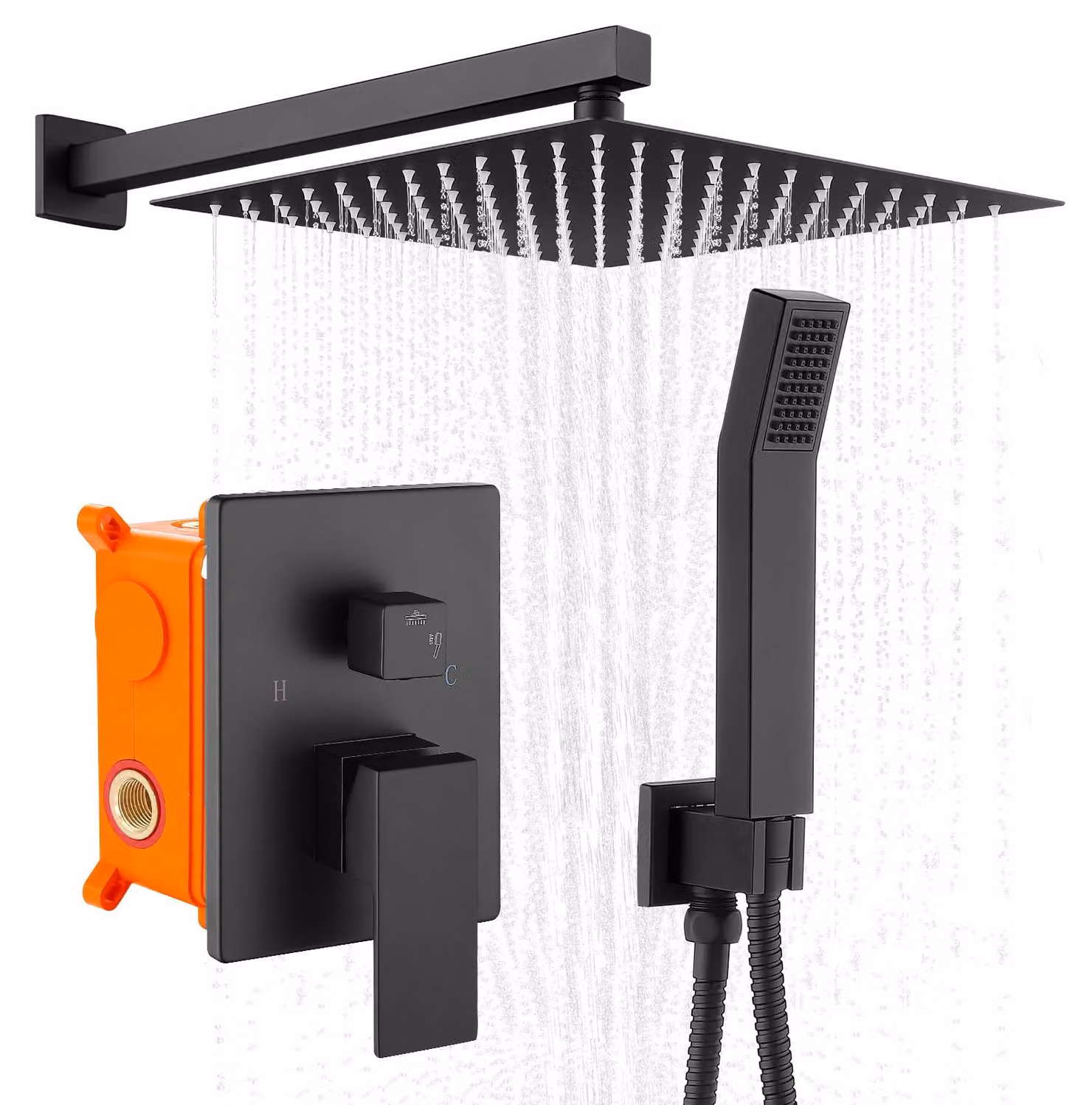 Set doccia integrato, colore nero, con soffione a pioggia e doccetta manuale, in acciaio inossidabile
