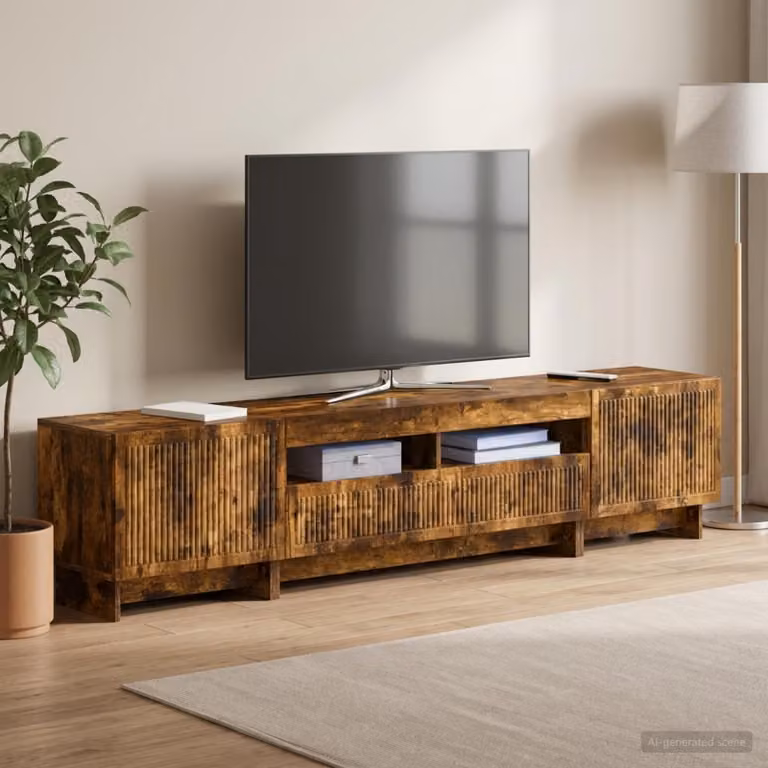 Mobile TV vidaXL in legno ingegnerizzato Rovere Fumo con illuminazione integrata e scomparti multimediali, moderno, marrone
