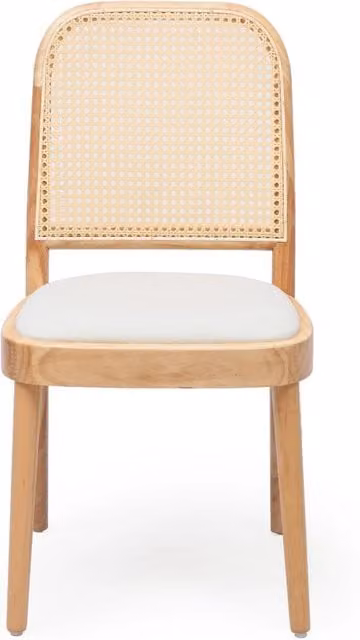Set di 6 sedie da pranzo in legno massello con schienale in rattan e rivestimento in lino, colore legno naturale