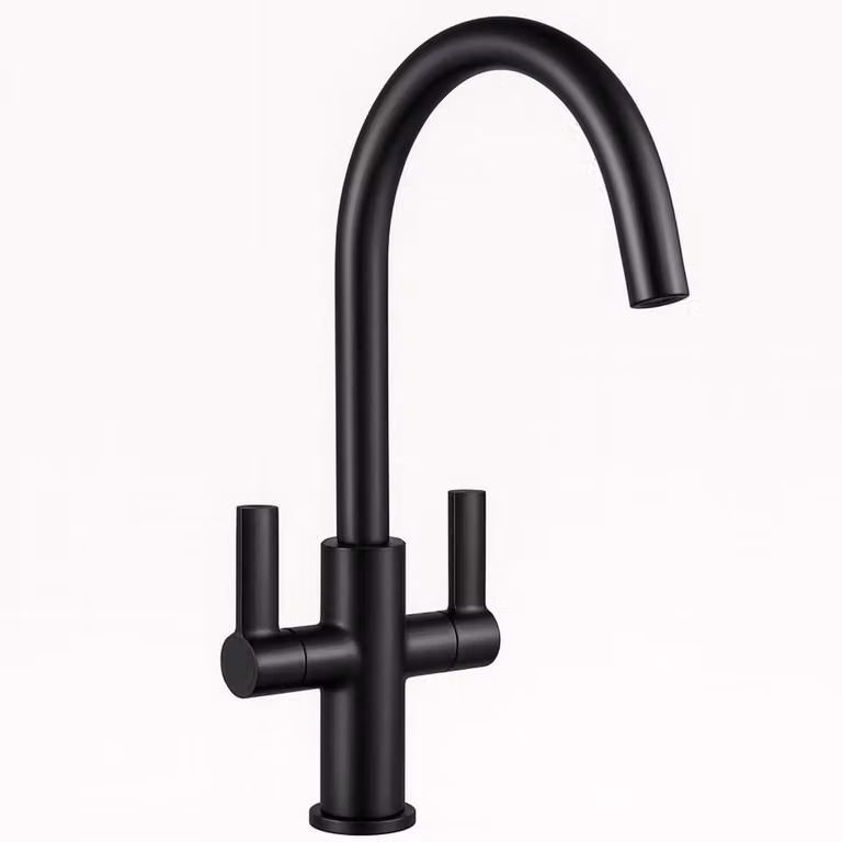 Miscelatore da cucina nero, con due manopole, in ottone, girevole a 360°
