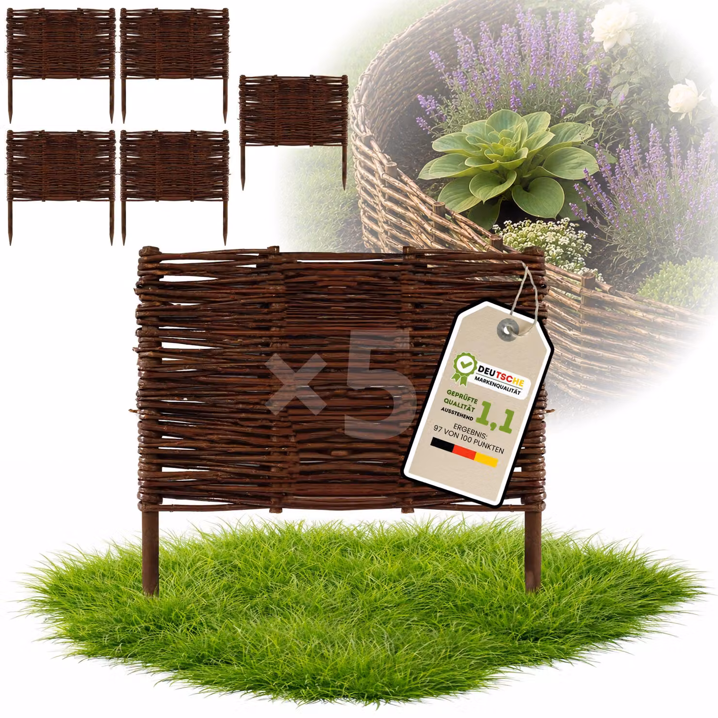 Floranica 5 pezzi Recinzione in vimini 40 cm x 40 cm – Staccionata da giardino intrecciata Palizzata Recinzione naturale Bordo aiuola