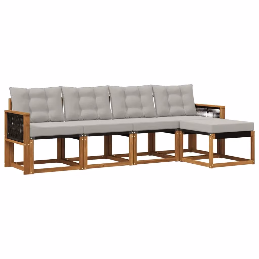 Set di divani da esterno a L vidaXL in legno di acacia con pouf e cuscini, beige e grigio – 2