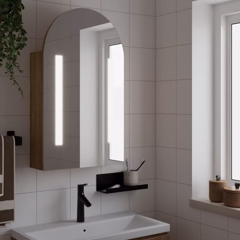 Armadietto da bagno con specchio e illuminazione LED vidaXL in rovere marrone, L 42 cm x P 13 cm x H 70 cm