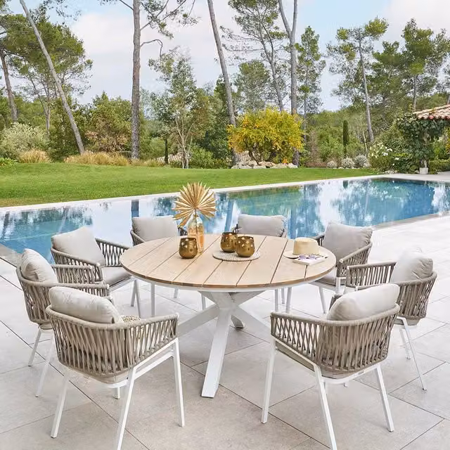 Tavolo da giardino rotondo Oriengo Hesperide in legno di acacia e alluminio bianco L: 160 cm, P: 75 cm