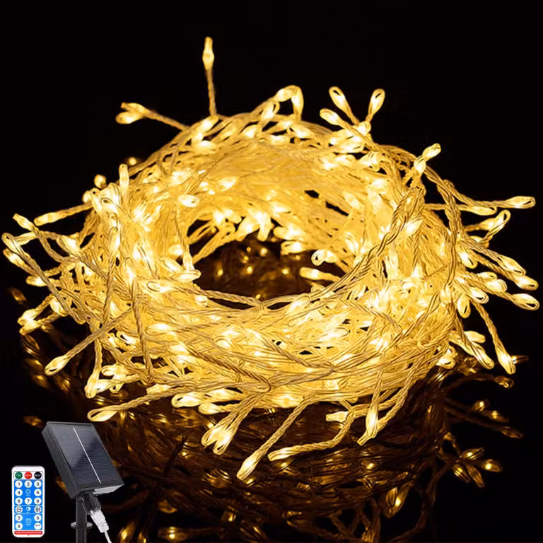 Catena luminosa solare, 10 metri, 370 LED, luce bianco caldo, grado di protezione IP65, 8 modalità, con telecomando