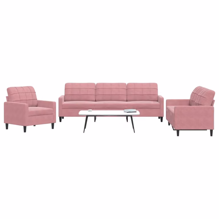 Set di divani 3 pezzi vidaXL in velluto rosa con cuscini e struttura in metallo per soggiorno