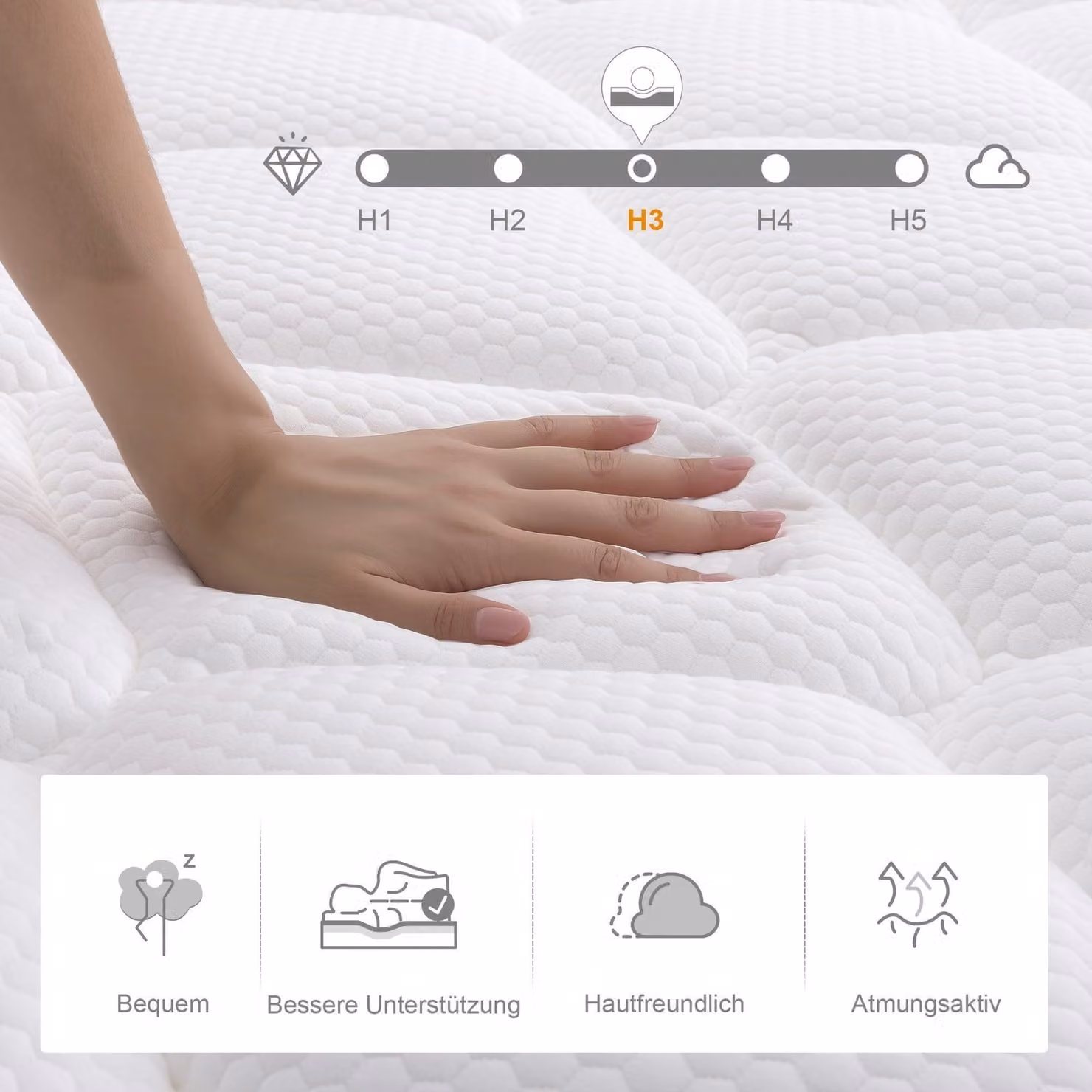 Materasso ibrido in memory foam, disponibile in due altezze (20 cm e 22 cm), con sistema di supporto a 7 zone e molle insacchettate per un comfort ottimale e una temperatura ideale durante il sonno. Disponibile nelle dimensioni: 90x200 cm, 120x200 cm, 140