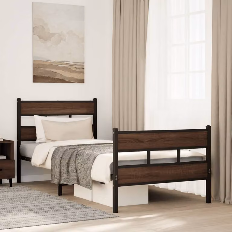 Letto con giroletto, testiera e pediera in metallo vidaXL, colore marrone, L: 112 cm, P: 207 cm, H: 91,5 cm