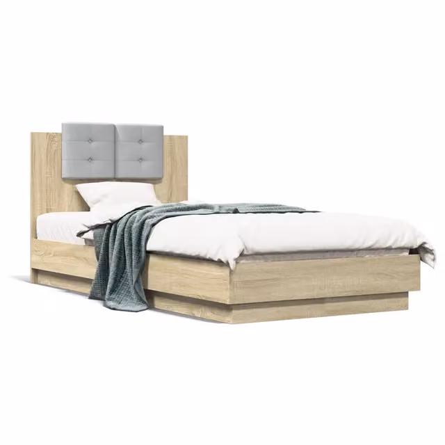 Letto singolo moderno con testiera imbottita in tessuto e struttura in legno, L/P: 90 x 190 cm – 1