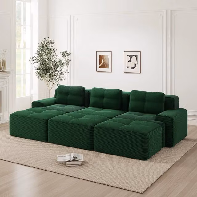 Divano Angolare Modulare MINIMAL Verde con Funzione Letto e 3 Sgabelli in Tessuto