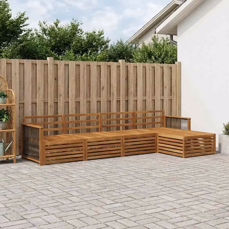 vidaXL Set di divani da esterno a L in legno di acacia massello marrone con pouf, 5 pezzi