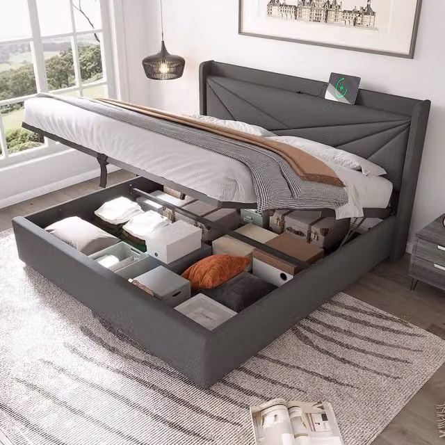 Letto Contenitore Imbottito con USB ¨C MINIMAL ¨C Tessuto Lino 140x200 con Doghe