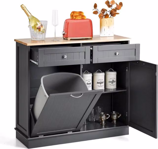 Credenza da cucina Costway grigia con piano in legno di gomma, mobile per pattumiera ribaltabile con 2 cassetti e ripiano regolabile, L: 100 cm, P: 35,5 cm, H: 90 cm