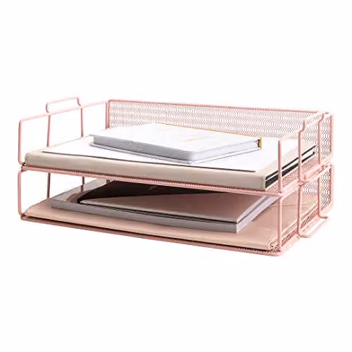 Blu Monaco, Set di 2 organizer da scrivania impilabili, in filo metallico, a due ripiani, impilabili, vassoio per posta in arrivo per scrivania, colore rosa