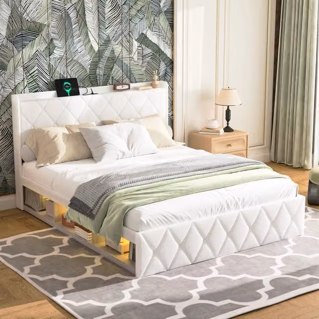 Letto imbottito matrimoniale con cassetti e LED ¨C Minimal ¨C Bianco velluto 140x200cm