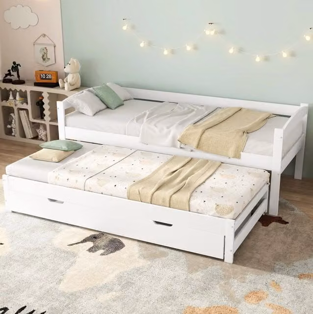 Letto da giorno in legno massello con letto estraibile; 2 cassetti MDF; bianco 205x94;5x70 cm