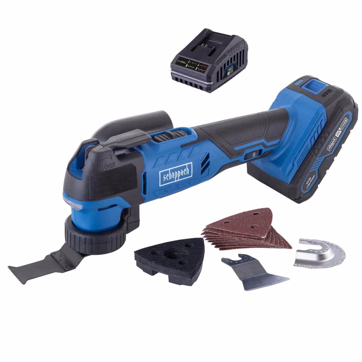 Utensile multifunzione a batteria Scheppach C-MT40-X | LED | Angolo di oscillazione 3,2° | 10.000 – 40.000 min-1 | 20V IXES | incl. batteria 2Ah + caricabatteria 2,4A