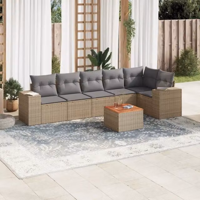 Set Divani da Giardino 7 pz con Cuscini Beige in Polyrattan 3225457
