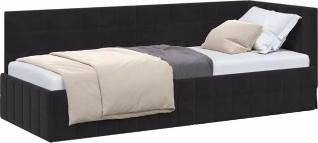 Letto singolo per adulti in velluto nero con struttura imbottita, L: 80 cm, P: 200 cm, H: 140 cm