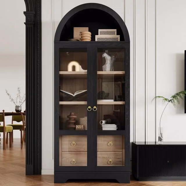 Highboard nero con ripiani regolabili e cassetti, credenza con vetro trasparente e ampio spazio contenitore, ideale per sala da pranzo, soggiorno e cucina