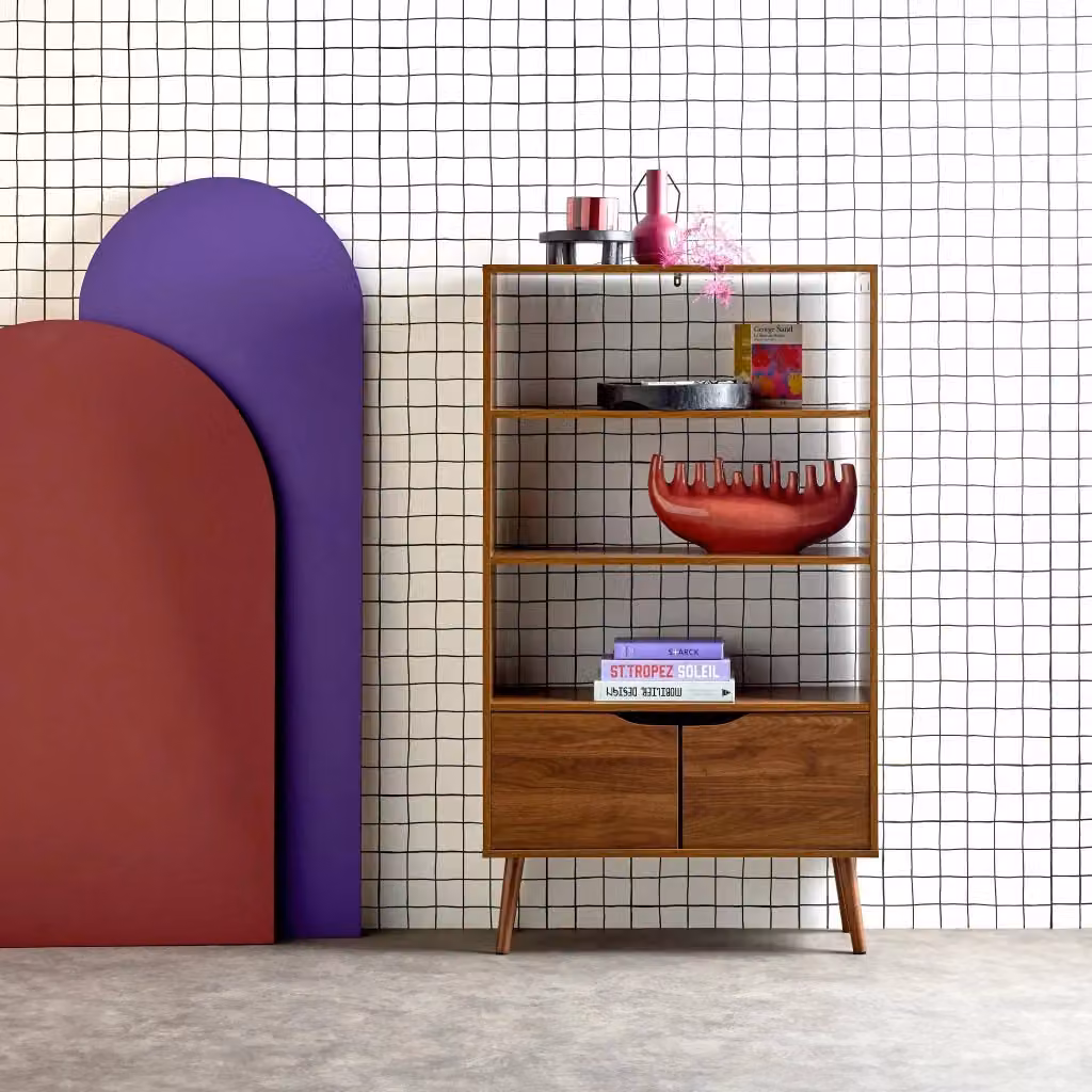 Libreria Sweeek in stile scandinavo con 2 ante e 3 livelli, colore marrone, L: 80 cm, P: 30 cm, H: 140 cm – 2