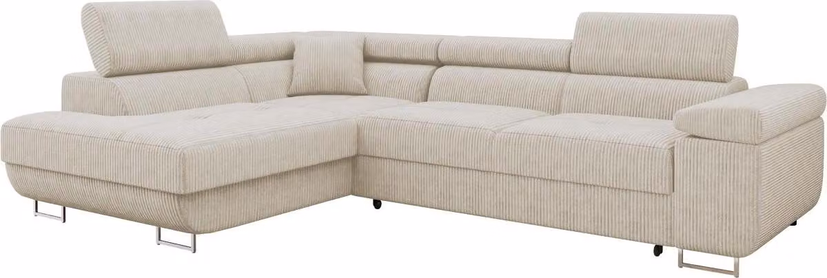 MIRJAN24 Divano angolare Torezio Cord, Elegante divano angolare con box letto e funzione notte, Poggiatesta regolabili, 274x203x70-90 cm (Colore: Poso 100, Lato: Sinistro)