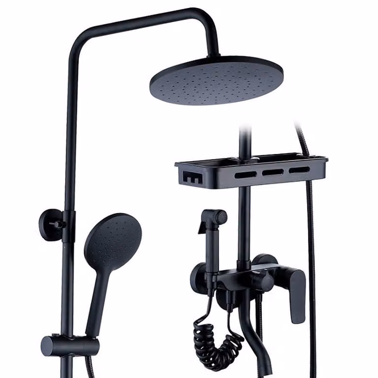 Set doccia a pioggia, sistema doccia con termostato, con rubinetto per bidet, soffione a 4 funzioni, con mensole da bagno, corpo in rame, per bagno, nero
