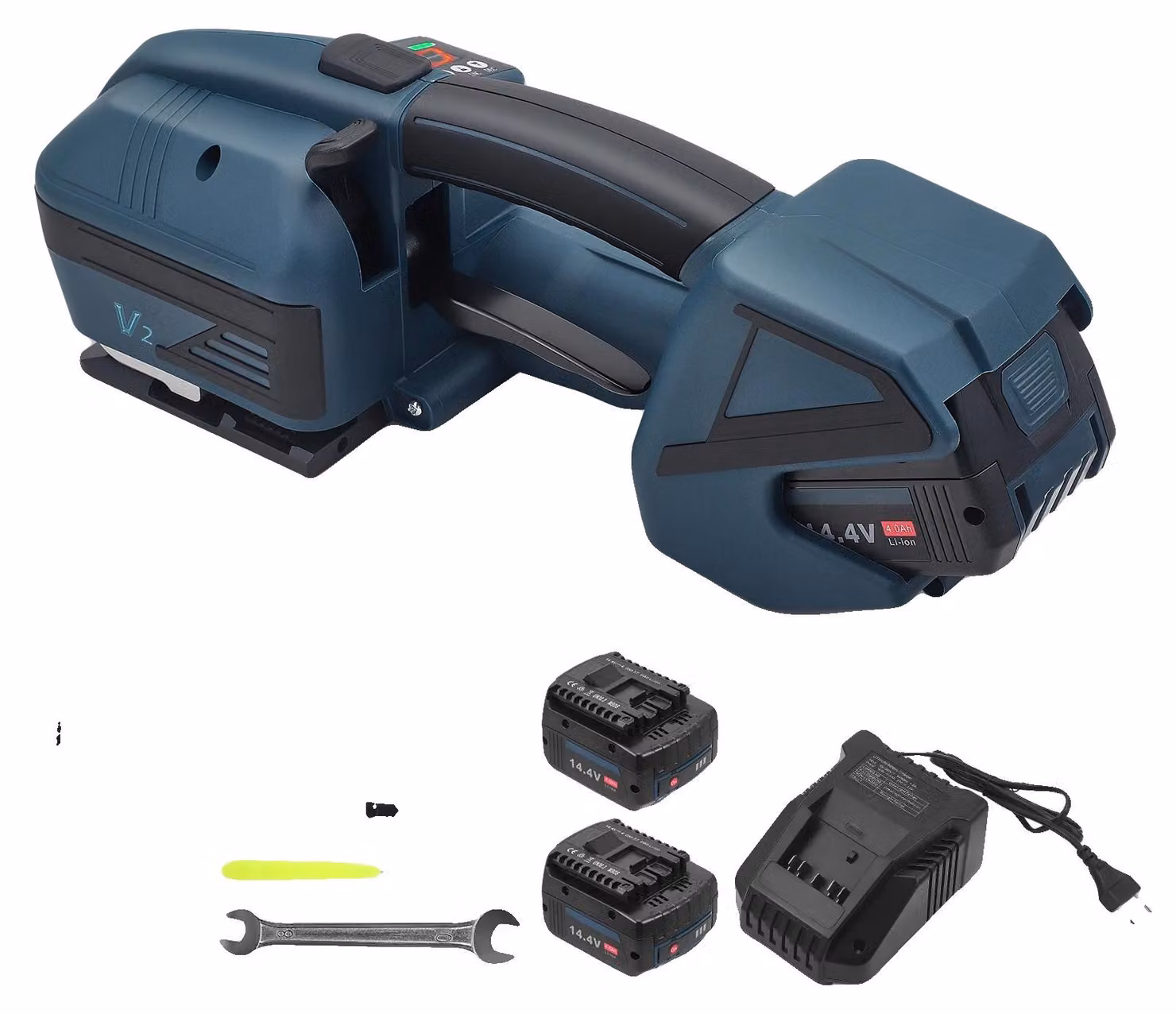 Macchina per l'applicazione di fascette alimentata a batteria, con tensione e saldatura regolabili, colore blu