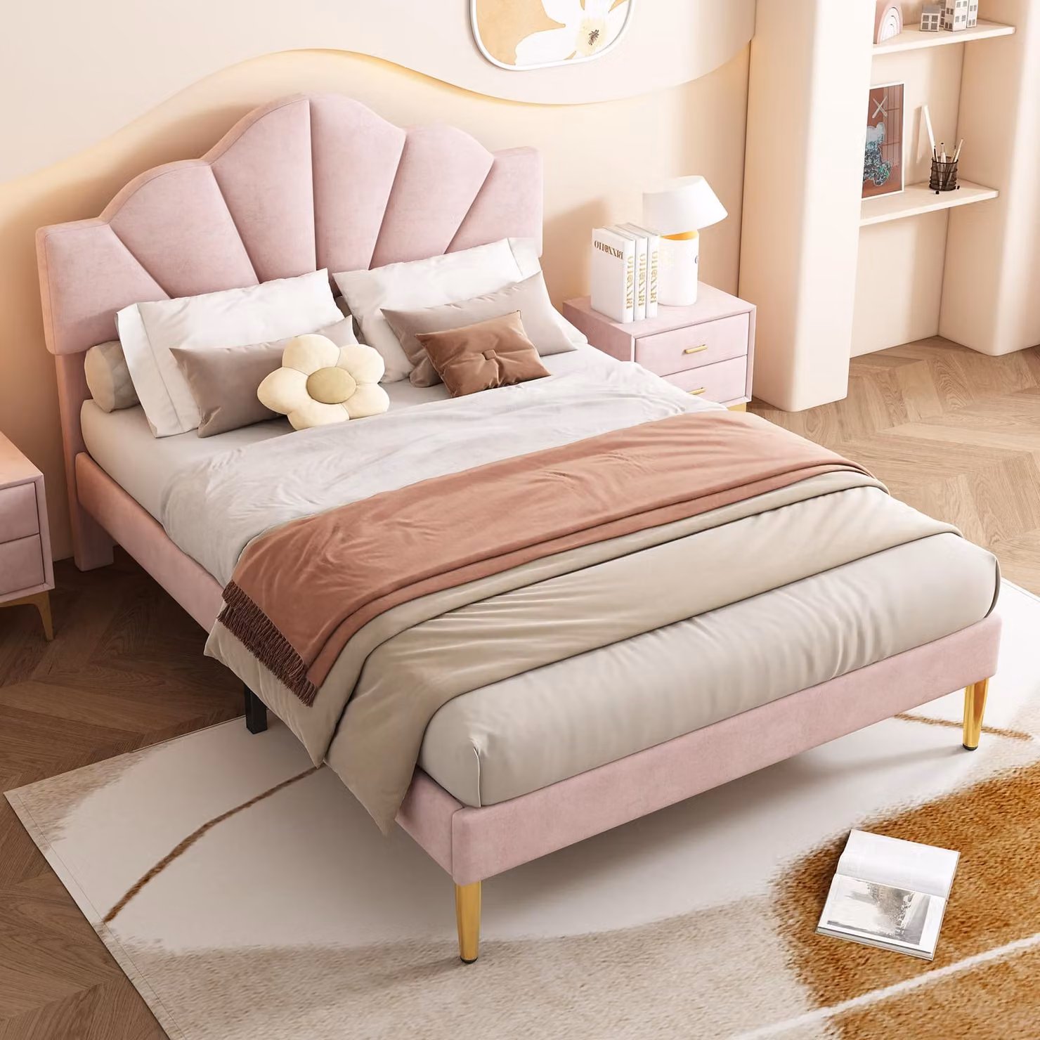 Letto imbottito 140 x 190 cm con rivestimento in velluto e testiera regolabile – Struttura del letto a forma di conchiglia, rete a listelli in legno e piedi in ferro, letto da camera da letto color rosa