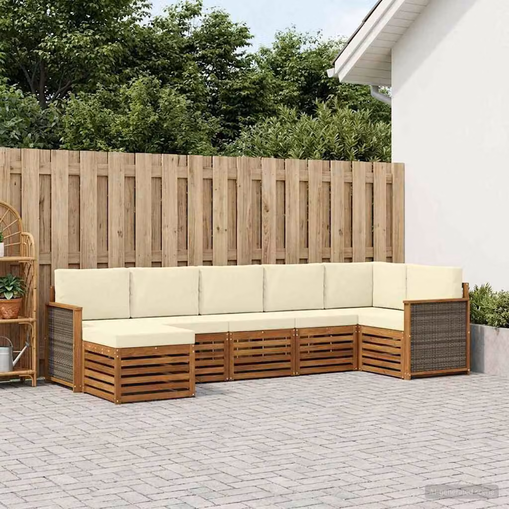 vidaXL Set di divani da esterno a L in legno di acacia con cuscini, 6 pezzi, Beige e Bianco