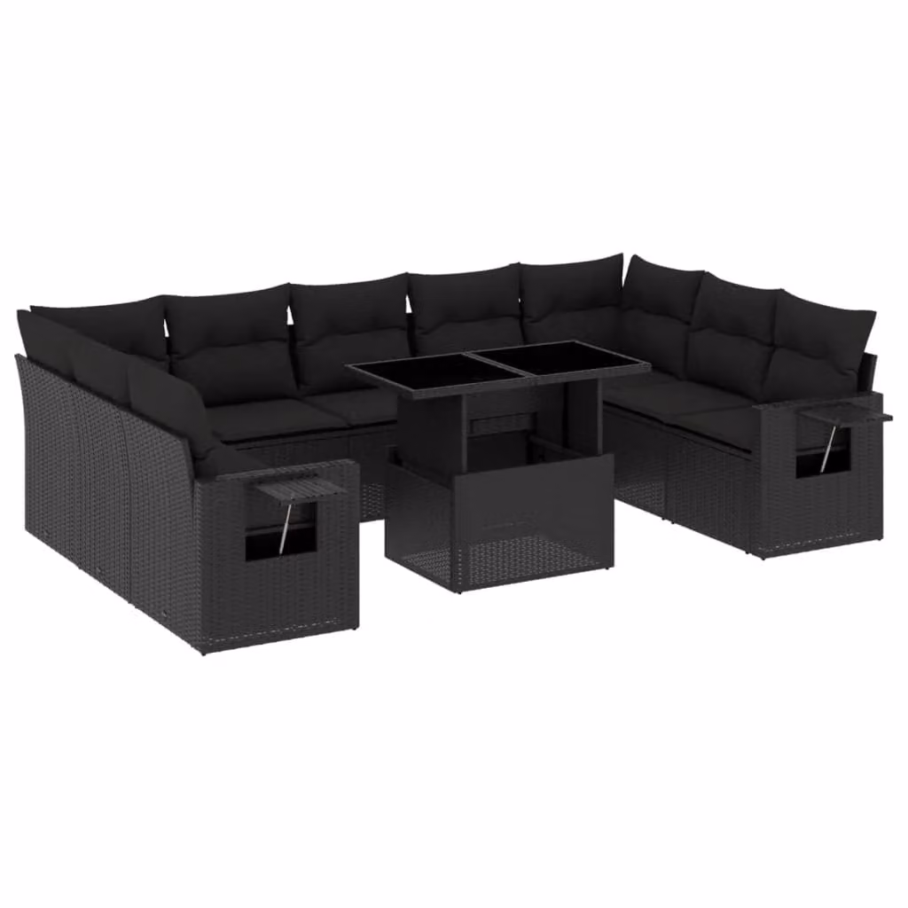 Set Divani da Giardino 10pz con Cuscini in Polyrattan Nero