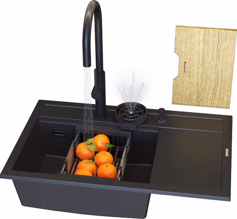 Granitan - Lavello in granito - Lavello da cucina - 80x50x22 cm - Nero - con rubinetteria PRATI, sifone e tagliere