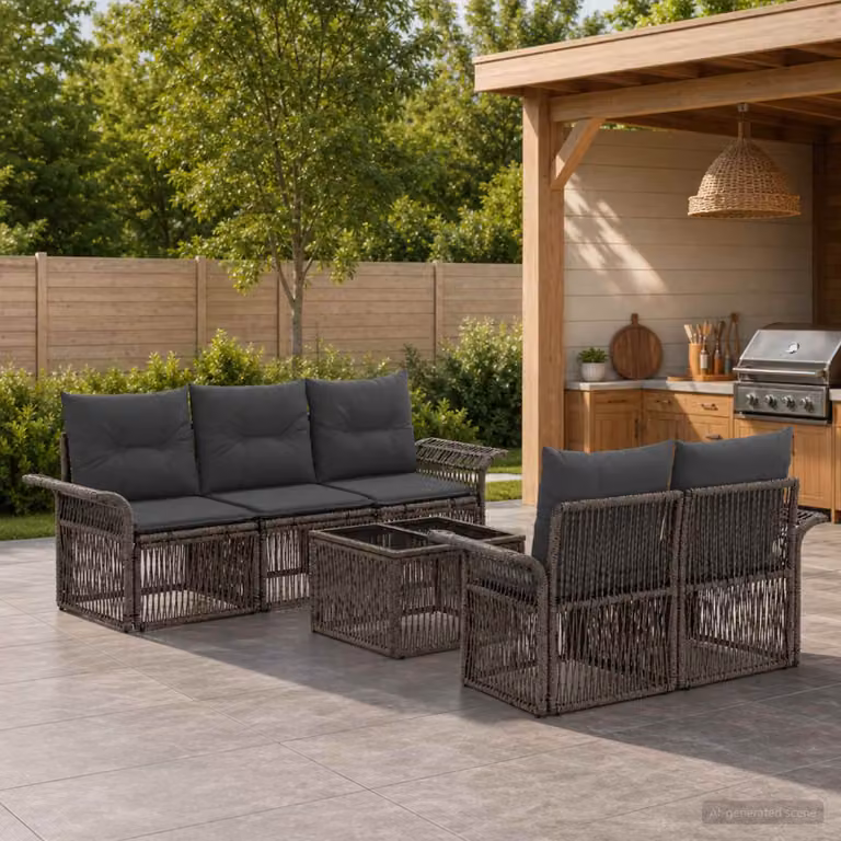 Set da giardino moderno vidaXL in polyrattan grigio composto da 6 pezzi con divano a L, poltrone e tavolino da caffè con cuscini inclusi