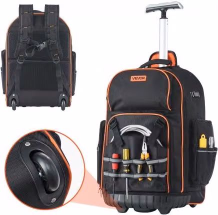 Zaino Portautensili con Ruote VEVOR Nero e Arancione in Poliestere con 72 Tasche e Maniglia Telescopica