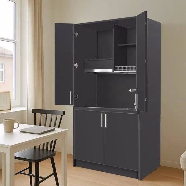 Cucina salvaspazio a scomparsa Fold Evolution Veriaffari colore antracite con elettrodomestici inclusi L: 125 cm, P: 62 cm, H: 208 cm