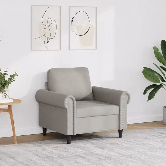 Poltrona-Divano Moderna in Velluto Grigio con Braccioli e Struttura in Metallo 960457 – 1