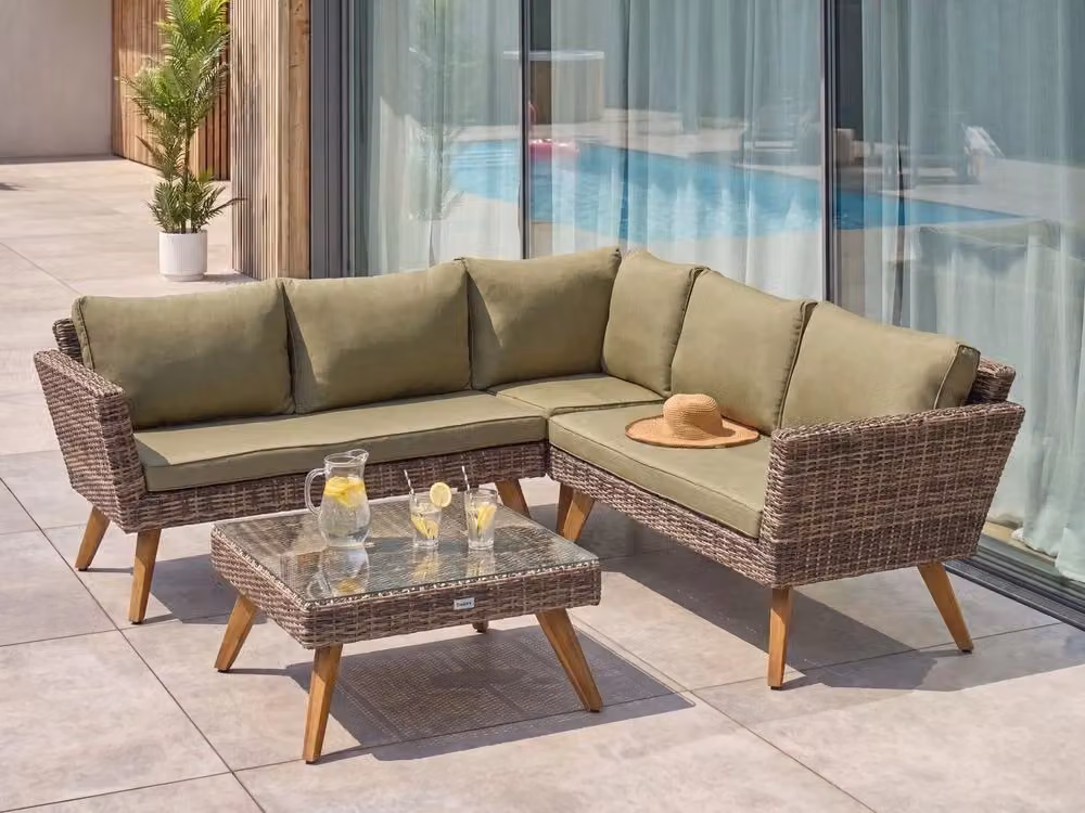 Set da giardino Beliani in rattan e metallo con divano angolare a 6 posti e tavolino da caffè, colore verde oliva, stile country rustico – 2