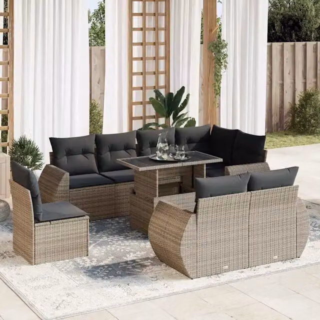 Set Divano da Giardino 9 pz con Cuscini Grigio in Polyrattan 3326661