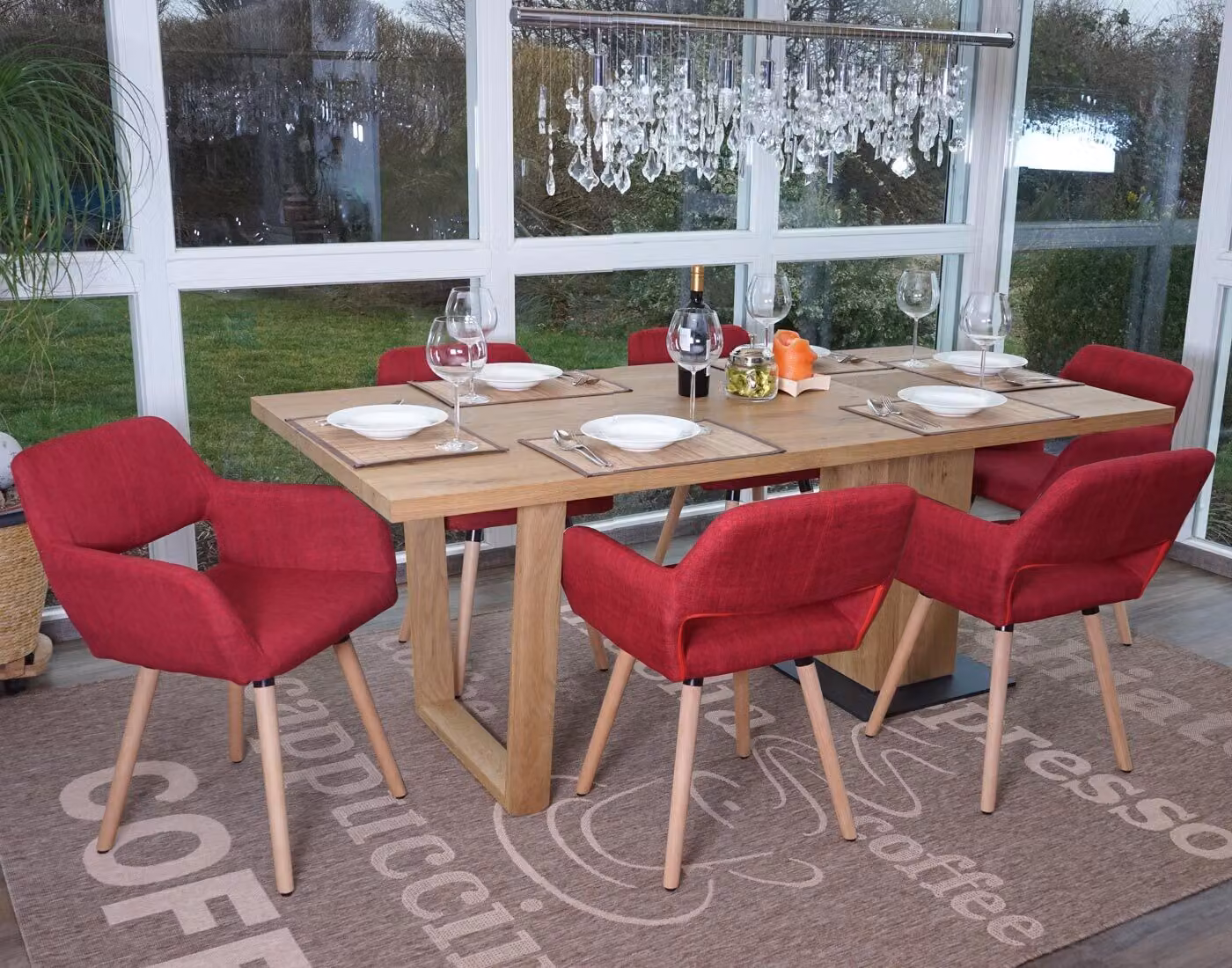 set di 6 sedie per sala da pranzo HWC-A50 II, sedia da cucina, design retrò anni '50 ~ tessuto, rosso porpora, gambe chiare
