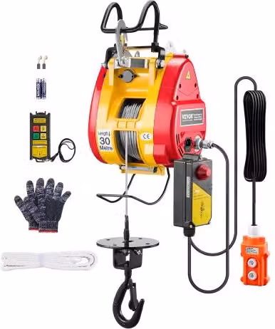 Paranco Elettrico VEVOR Rosso, Capacità 500 kg, Potenza 1800 W, Altezza di Sollevamento 30 m, con Telecomando a Filo e Wireless