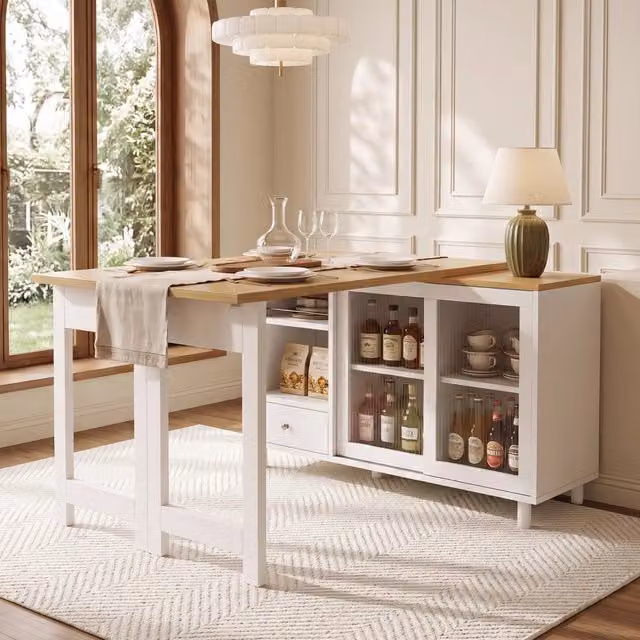 Tavolo da pranzo - pieghevole estraibile - con vano - girevole 360° - ante in vetro - naturale+bianco