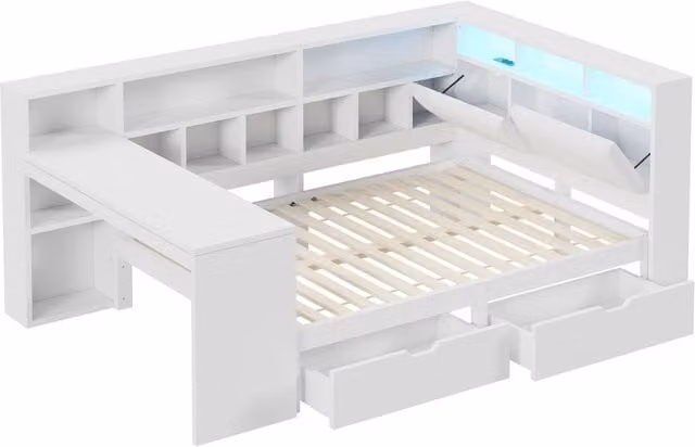 Letto a piattaforma angolare 140x200 cm in legno bianco con scrivania, scaffale e testiera imbottita con luce LED