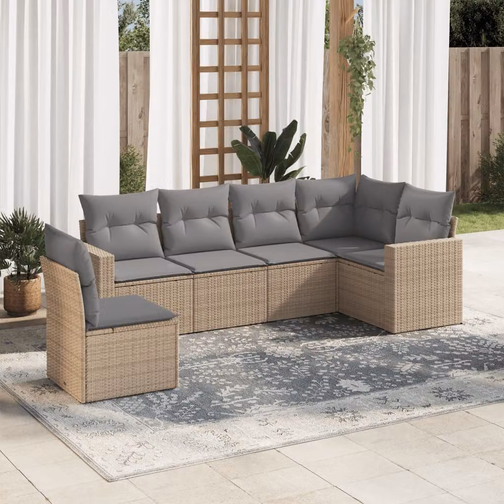 vidaXL Set Divano da Giardino a L 6 pz con Cuscini Beige e Struttura in Metallo e Polyrattan – 1