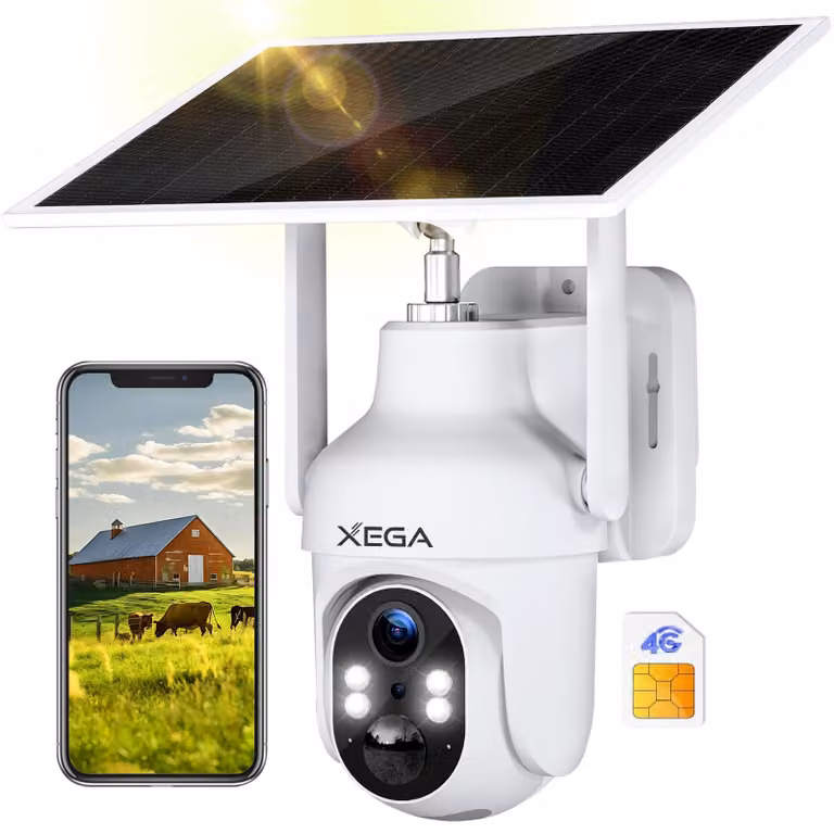 Telecamera di sicurezza wireless per esterni - Connessione 4G LTE - Batteria da 10400 mAh - Colore bianco, materiale ABS - Dotata di pannello solare